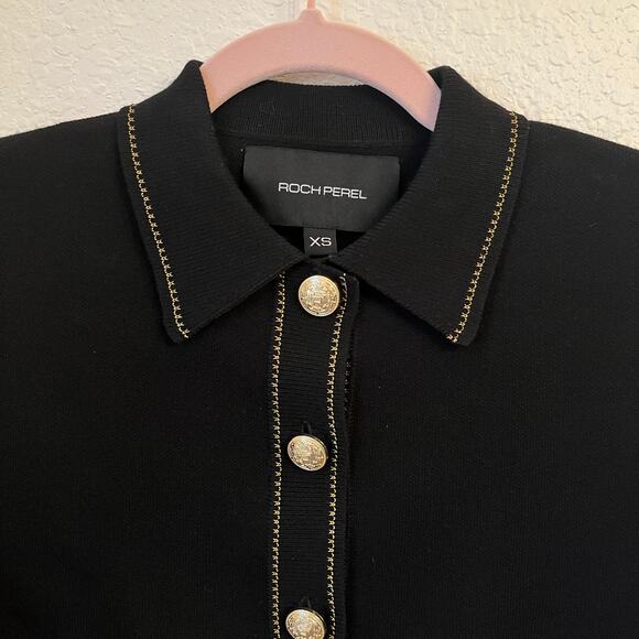 Roch Perel Collared Cardigan XS Black Button Chic Minimalist Quiet Luxury Work - Picture 3 of 10